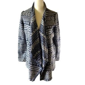 Lucky Brand Cotton Open Front Cardigan Jacket Women SP Blue White Folk Art Weave